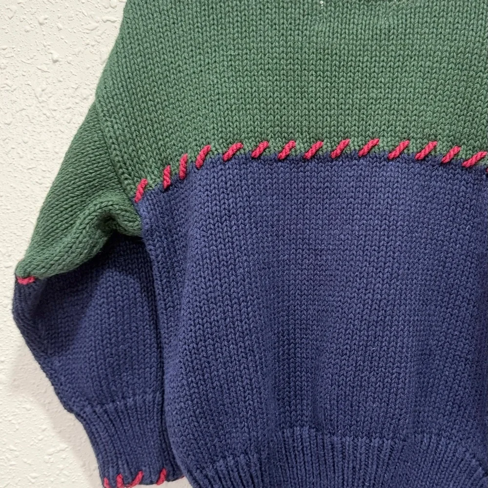 Kids ramie & cotton vintage‎ Color block Flag Knit Sweater - Green & Navy 4T